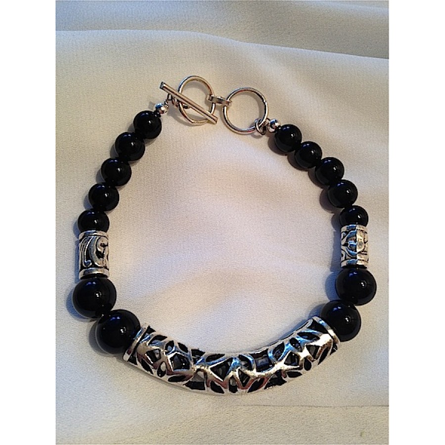 Bracelet Perles Obsidienne Et Laiton Fait Main - Taille Sur Mesure, Perles 6mm, élastique, France